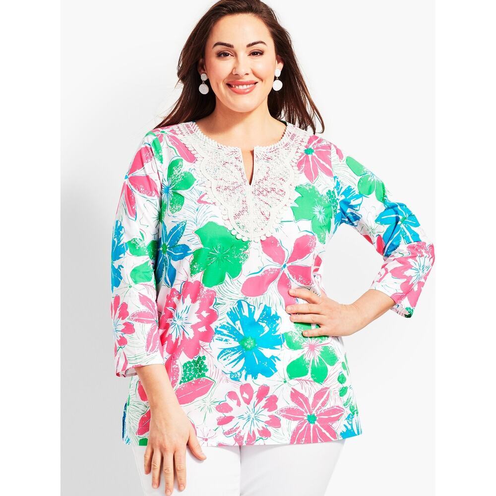 Talbots 2X Anguilla Floral Lace Bib Tunic Caribbean Cotton Plus Size Top beach